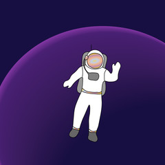 Cosmonaut astronaut in cosmos. Colorful outline on purple background. Picture can be used in greeting cards, posters, flyers, banners, logo, further design etc. Vector illustration. EPS10