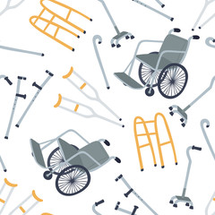 Vector seamless pattern on the theme of health and medical equipment. Background with isolated walking stick, walkers, crutches, wheelchair on white color