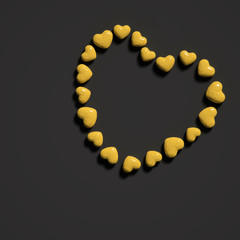 Heart shape made of many golden hearts on black background; happy Valentine's day; top view, flat lay; creative layout 3d rendering, 3d illustration
