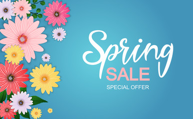 Obraz premium Spring Sale Cute Background with Colorful Flower Elements. Vector Illustration