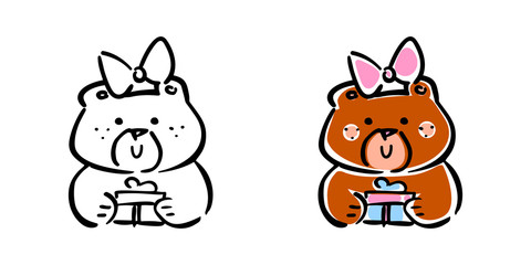 Vector illustration, line hand drawn girl bear with a gift. Colored and unpainted. Applicable for Happy Birthday concepts, free gifts promo, greeting cards, banners, posters, coloring books etc.