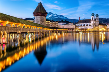 Chapel bridge and Mount Pilatus in Lucerne town, Switzerland