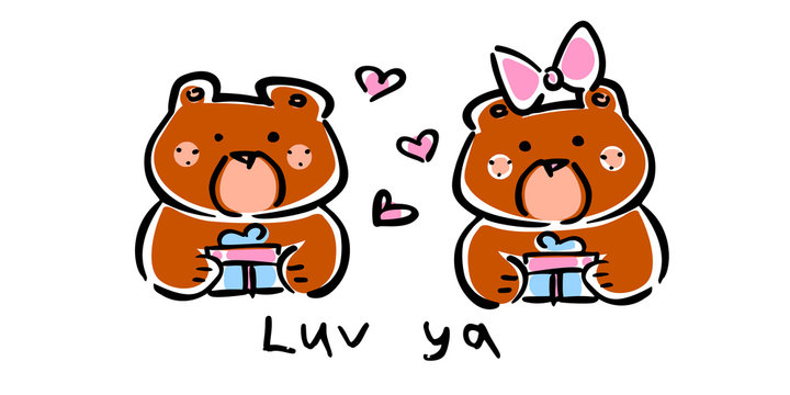 Vector illustration, set of line hand drawn girl and boy bears with gifts and hearts. Lettering “LUV YA”. Applicable for Saint Valentine’s Day and love concepts, greeting cards, banners, flyers etc.