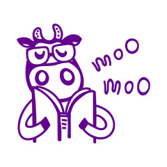 Vector illustration, line cartoon cow wearing glasses and reading book. Hand drawn, isolated. 