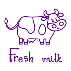 Vector illustration, line cartoon standing spotted cow. Hand drawn, isolated. 