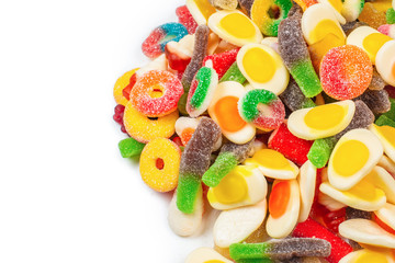 Assorted gummy candies. Top view. Jelly  sweets.