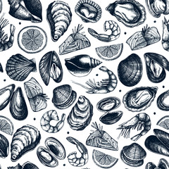 Vector seafood seamless pattern. Hand drawn fish, shellfish, shrimps, mollusks sketches with herbs, spices and lemon background. Cooked shrimps, clams, oysters, cockles, mussels top view backdrop.