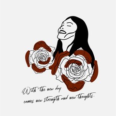 Hand writing quotation with illustration of woman and red rose in simple colors. Simple, and vintage style, suitable for wallpaper, cards, print, home decor, coffee shop.