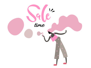 Vector illustration, trendy flat cartoon girl blowing bubbles. 