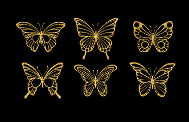 Set glitter butterflies. Beautiful spring, summer golden sequins silhouettes. Icons different shapes wings, for fashion, ornaments, tattoo and wedding design 