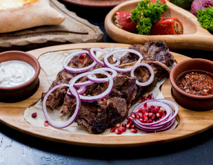 Georgian cuisine food set. Georgian restaurant. Restaurant background.