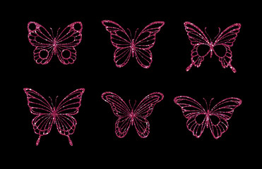 Fototapeta premium Set glitter butterflies. Beautiful spring, summer golden sequins silhouettes. Icons different shapes wings, for fashion, ornaments, tattoo and wedding design 