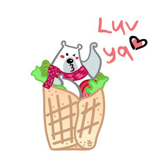Vector illustration, funny kissing polar bear in the spring roll with tomato and green salad. Line cartoon style, with 