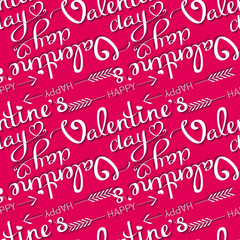 Happy Valentine's Day, seamless crimson background with hand lettering. Vector illustration. Suitable for cloth, printing, tableware, clothes