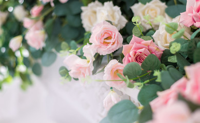 Beautiful rose flowers on a light background. Floral frame in soft colors with white space for text. Art flower background for greeting card for Mother's Day and Valentine's day