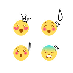 Vector illustration, yellow emoji set with hand drawn black marker doodle details as sweat, crown. High quality, isolated. Applicable for all designs including banners, flyers, web interface.