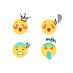 Vector illustration, yellow emoji set with hand drawn black marker doodle details as tears and sweat, heart, crown, “no, dude”, “nope”, “exciting”, 