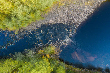 Aerial view of a fast river in nature surrounded by trees