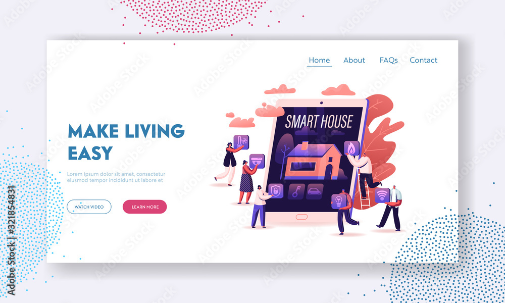 Poster smart house app website landing page. people at huge tablet with image of building with artificial i