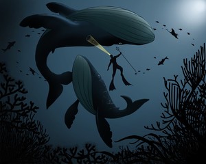 Diver shines a flashlight and holds a harpoon in between two big whales.Under the ocean with a coral reef in the background.Illustration.