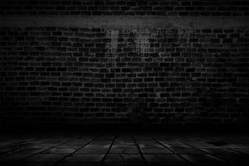 Empty dark brick room with light and shadow studio background.