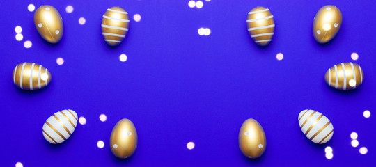 Easter eggs isolated on blue background. For greeting card, promotion, poster, flyer, web-banner, article