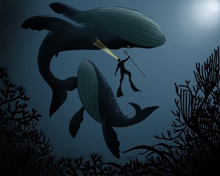Diver shines a flashlight and holds a harpoon in between two big whales.Under the ocean with a coral reef in the background.Illustration.
