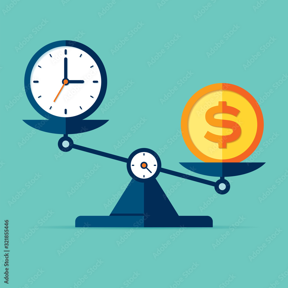 Poster time is money. scales icon in flat style. libra symbol, balance sign. time management. dollar and cl