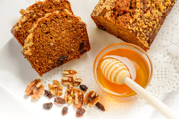 Sweet honey cake with nuts and honey. Top view