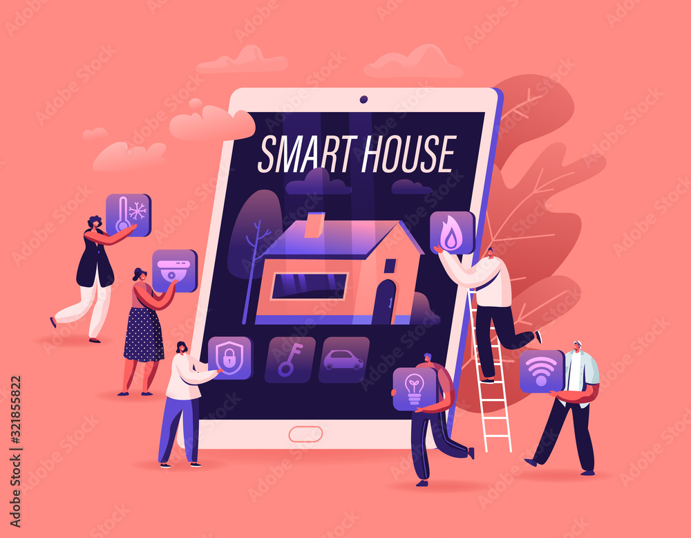 Poster smart house app concept. people at huge tablet with image of building with artificial intelligence t