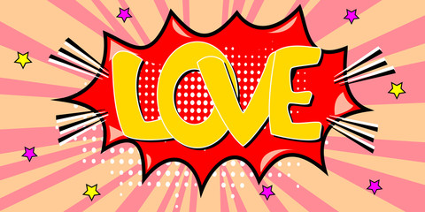 Lettering Love. Comics book halftone colored background balloon. Bubble speech icon . Comic cartoon font. Pop art retro style. Romance and Valentines day. Vector illustration.