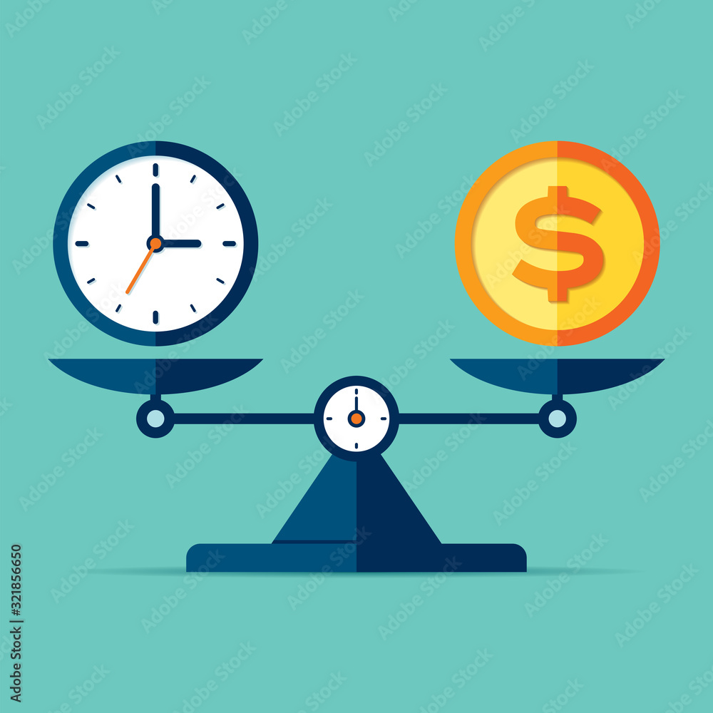 Poster time is money. scales icon in flat style. libra symbol, balance sign. time management. dollar and cl