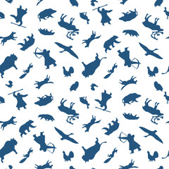 Seamless pattern of wild animals and northern hunters.