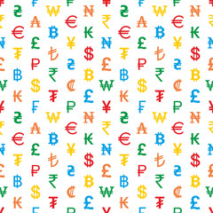 Seamless background from colored currency symbols of different countries.