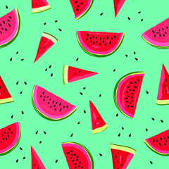 Watermelon seamless pattern. Cartoon half watermelon isolated on blue background with seeds .Vector illustration eps10