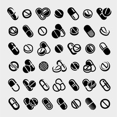 Pills and capsules set. Collection pills and capsules icons. Vector