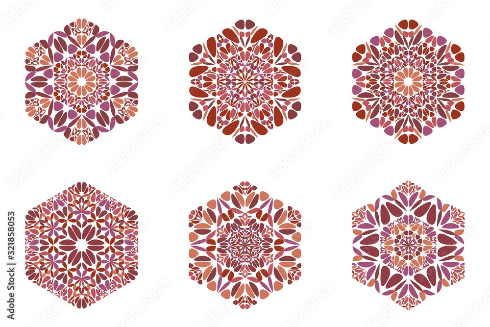 Poster isolated ornate colorful flower hexagon shape set - abstract geometrical geometric vector graphic el