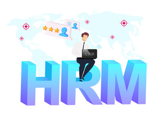 Human resource management flat concept vector illustration. Businessman sitting on word 2D cartoon character for web design. World map. High rating. Smiling man keeps laptop. HRM system creative idea