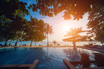 Swimming pool at exotic tropical resort. Exotic garden.