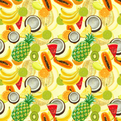 Hand drawn pattern with bananas, coconuts, pineapples. Seamless summer background.