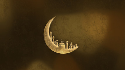 Fototapeta na wymiar 3D rendering, Animation of Ramadan Kareem with golden moon mosque and light background. Design for greetings card, poster, banner, invitation.