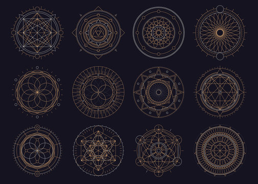 Vector set of sacred geometric figures, dreamcatcher and mystic symbols, golden abstract signs