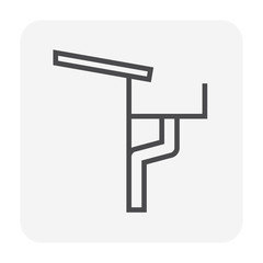 Box or square style gutter vector icon. Also call rain gutter or eavestrough. Include roof, downpipe or downspout and pipeline for water drainage system to protect building from rainwater falling.
