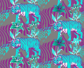 Seamless pattern of tiger and flowers. Suitable for fabric, wrapping paper and the like. Vector illustration