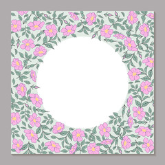 Floral square template for greeting card. Cover for social media posts, mobile apps, banners design and web internet. Pink flower rose hip and leaf in circle frame hand drawing. Vector illustration