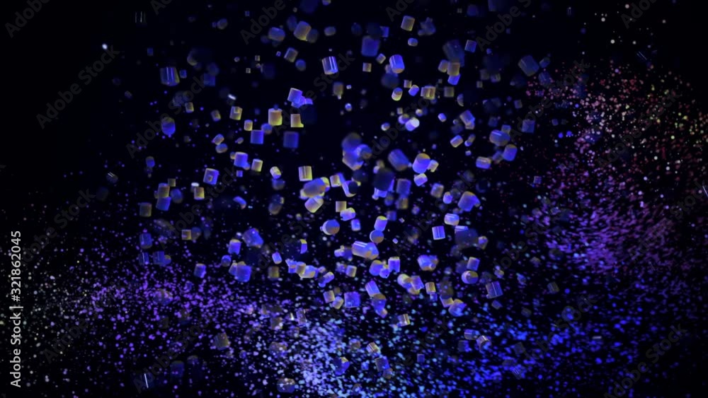 Poster abstract purple cloud swaying on black background surrounded by smaller particles, seamless loop. an