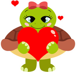 Cute girl turtle holding a red heart
