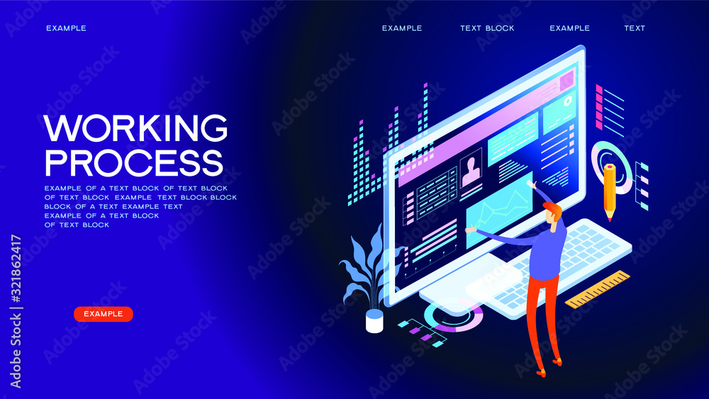 Poster working process concept. business man with desktop computer vector illustration design. 3d isometric
