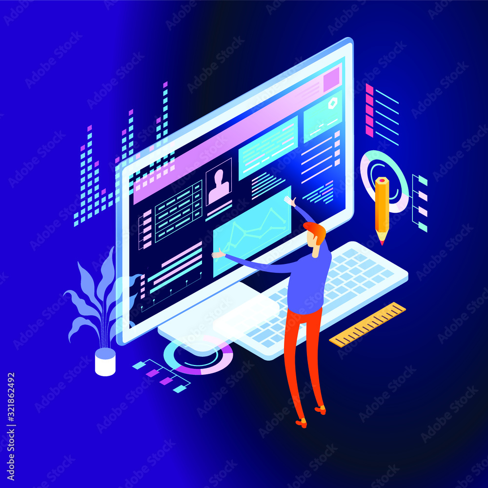 Poster working process concept. business man with desktop computer vector illustration design. 3d isometric