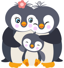 Funny penguin family with mum, dad and baby penguin